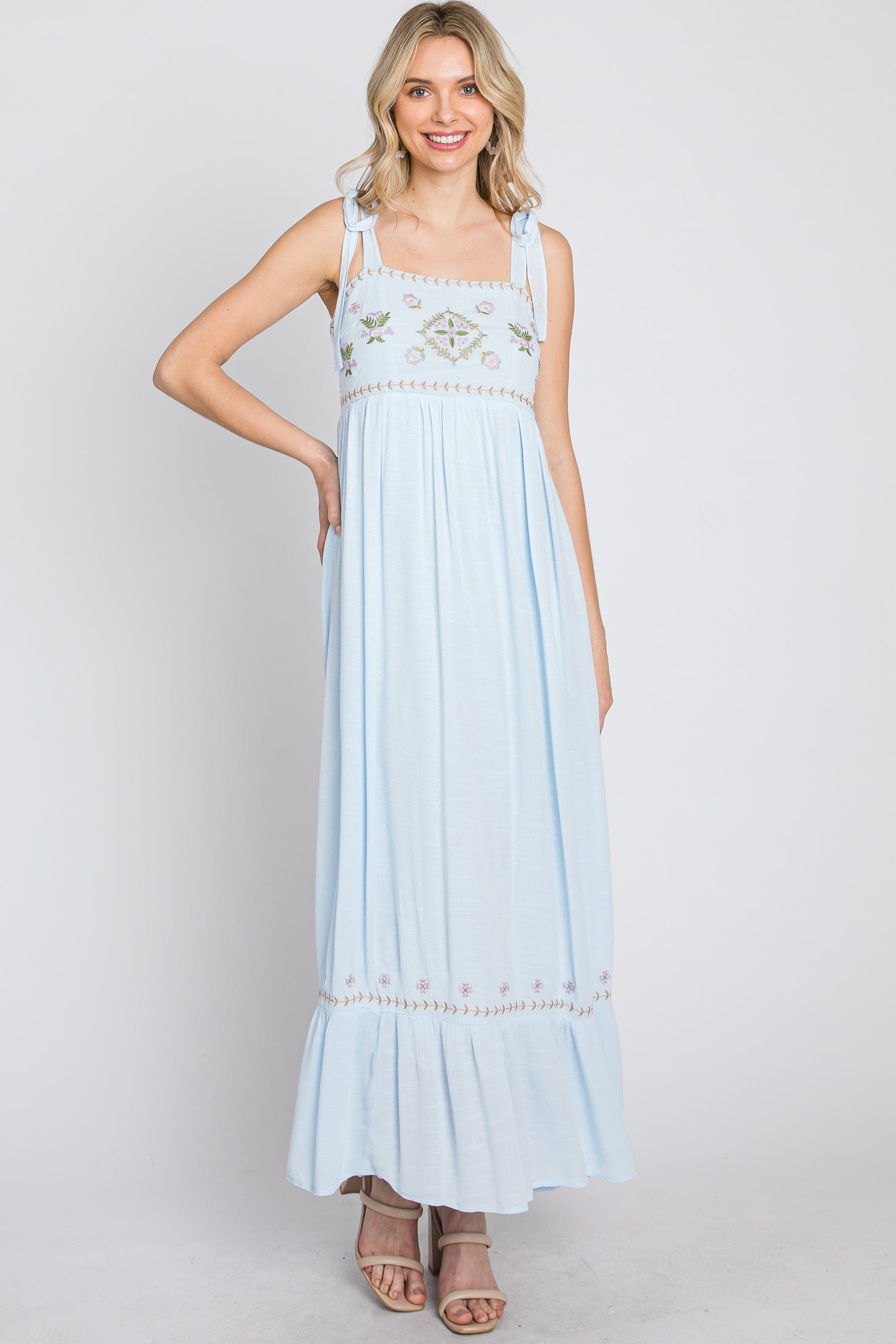 Light Blue Floral Embroidered Sleeveless Maxi Dress