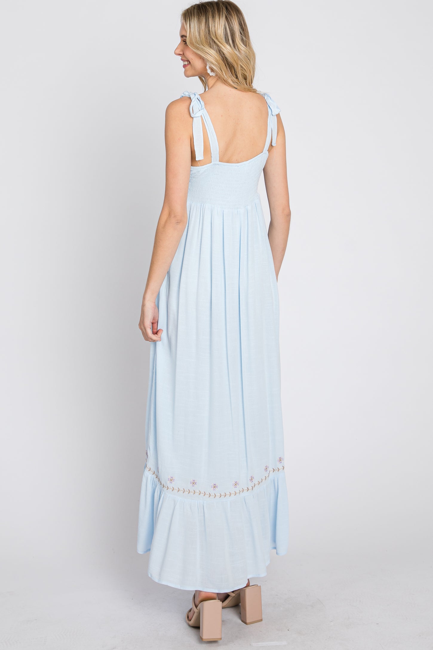 Light Blue Floral Embroidered Sleeveless Maxi Dress