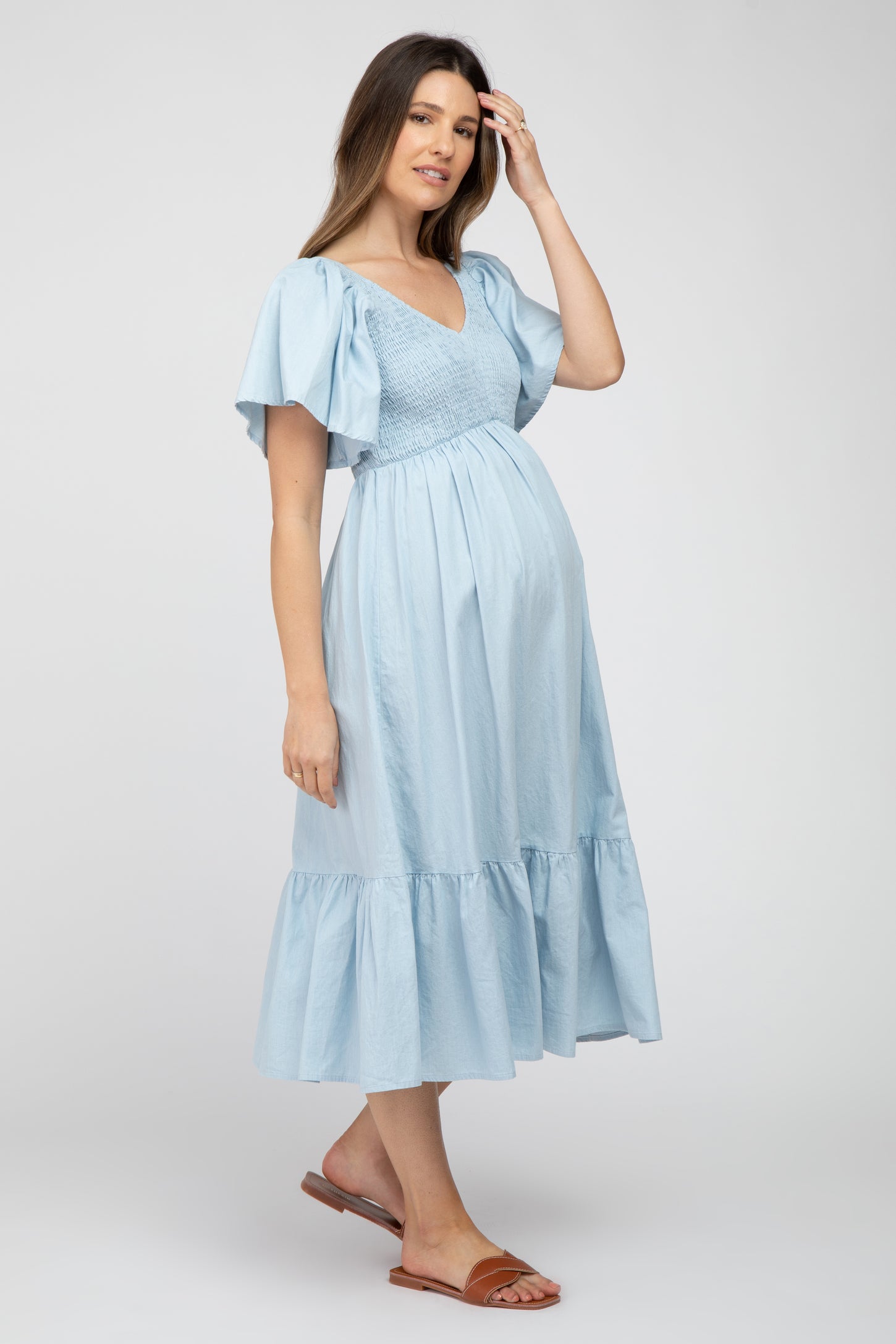 Light Blue Smocked Ruffle Hem Maternity Midi Dress