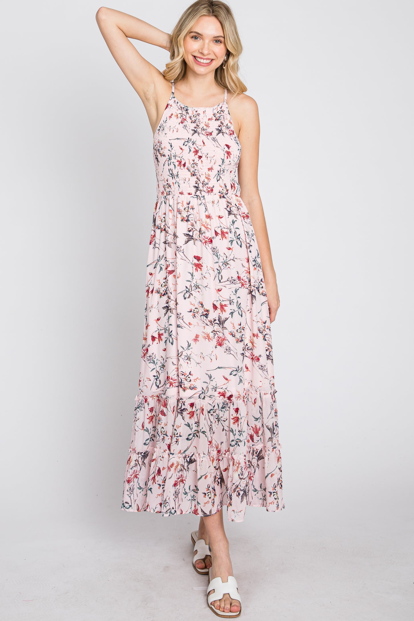 Pink Floral Chiffon Smocked Midi Dress