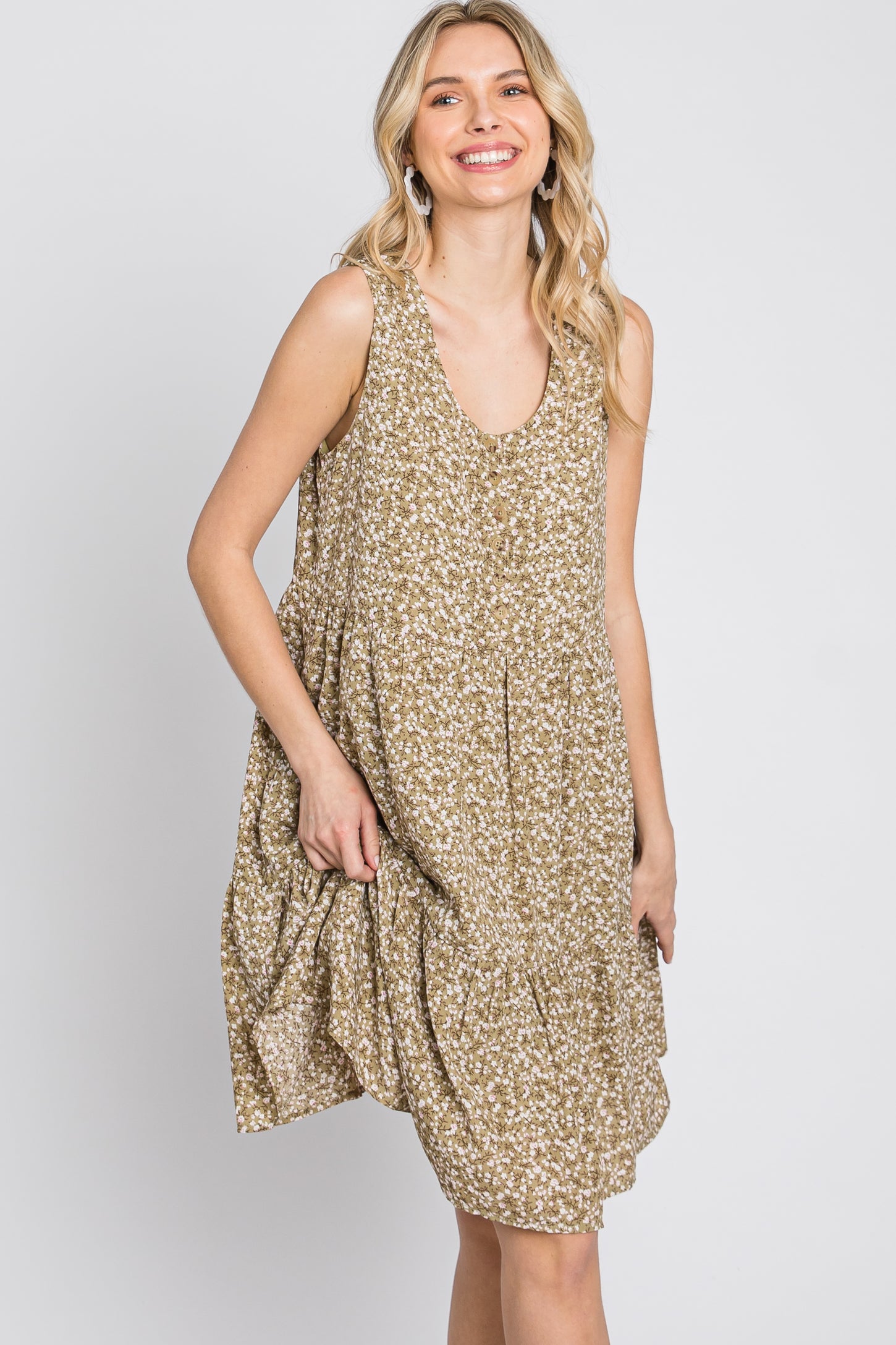 Light Olive Ditsy Floral Button Front Dress