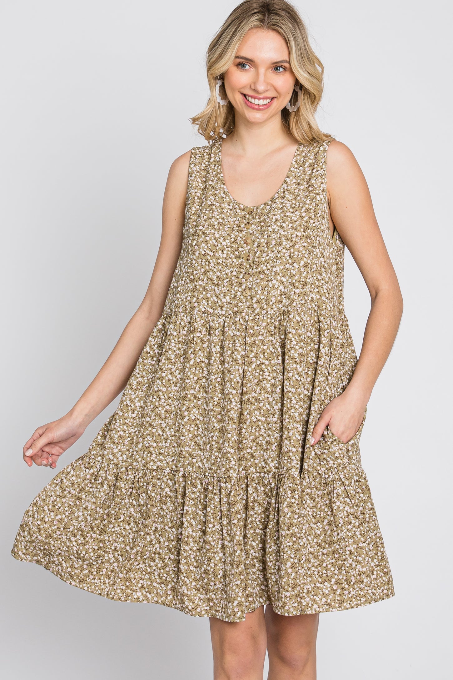 Light Olive Ditsy Floral Button Front Dress