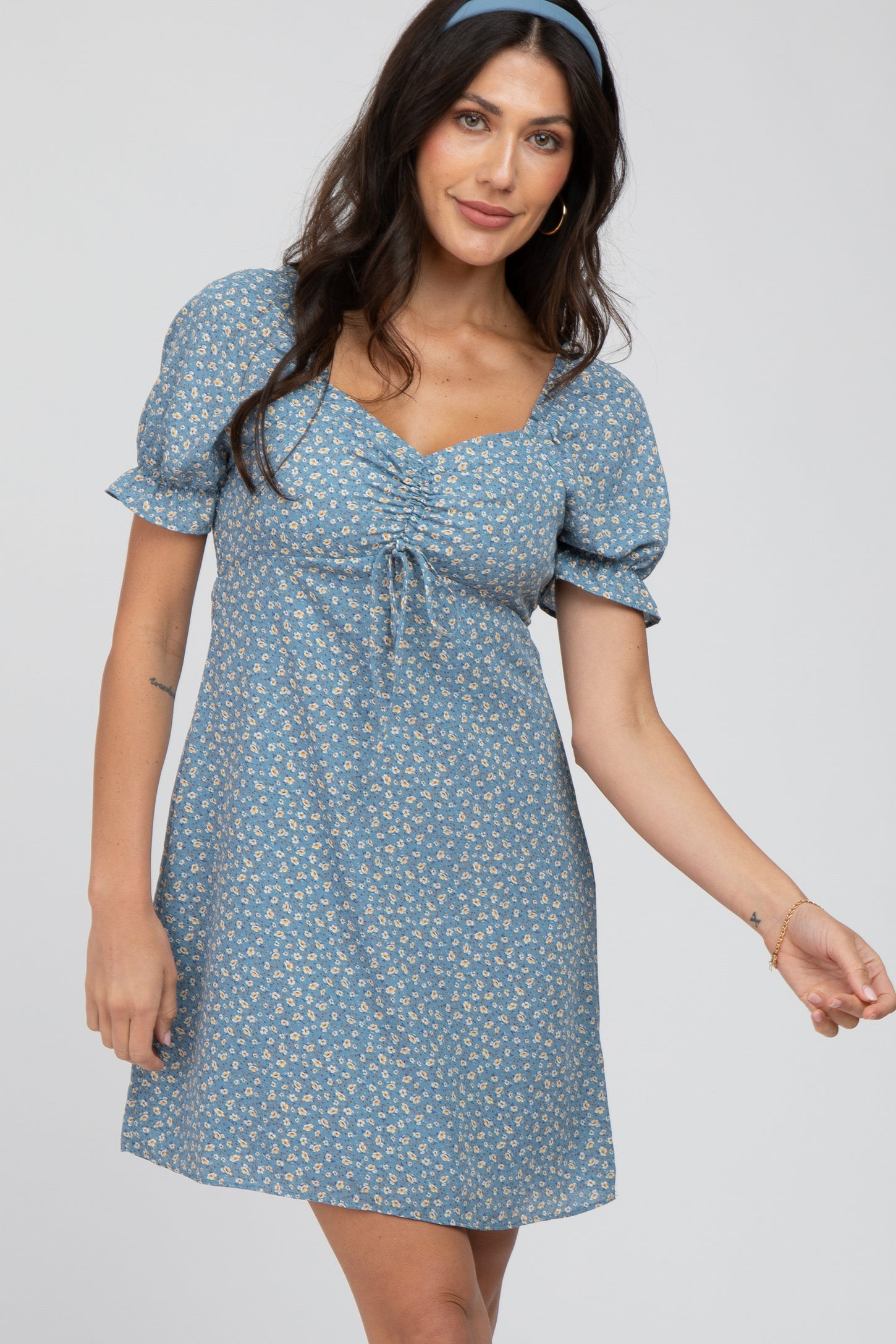 Blue Floral Cinched Sweetheart Neck Dress
