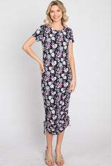Black Floral Fitted Ruched Maternity Midi Dress