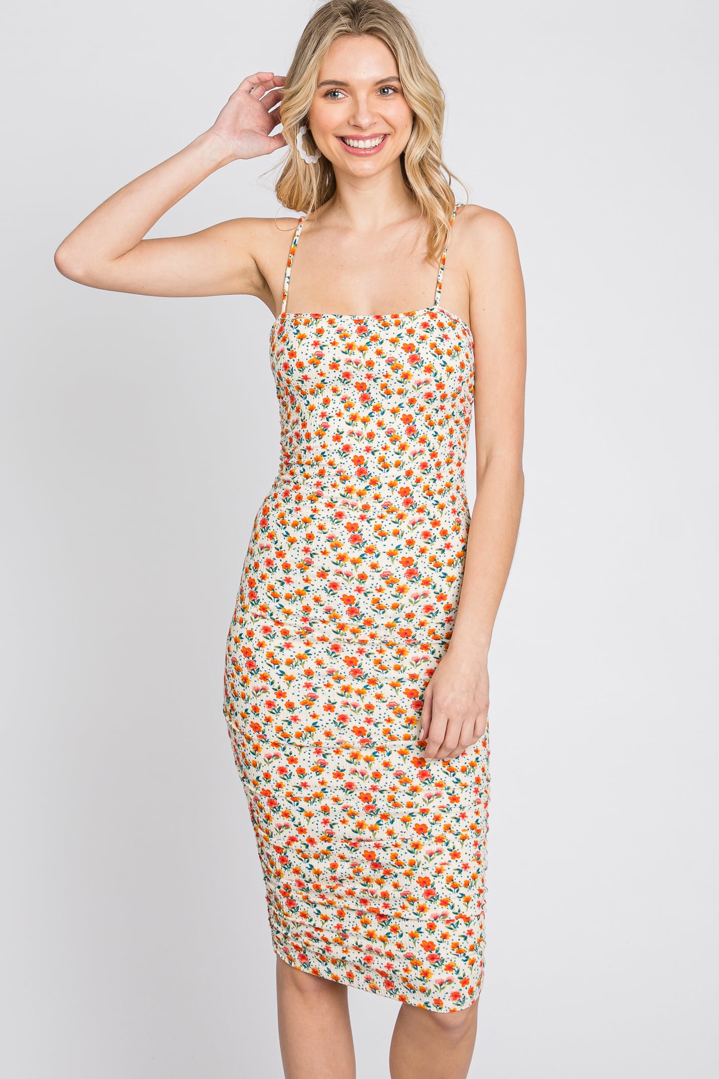 Ivory Floral Ribbed Fitted Dress