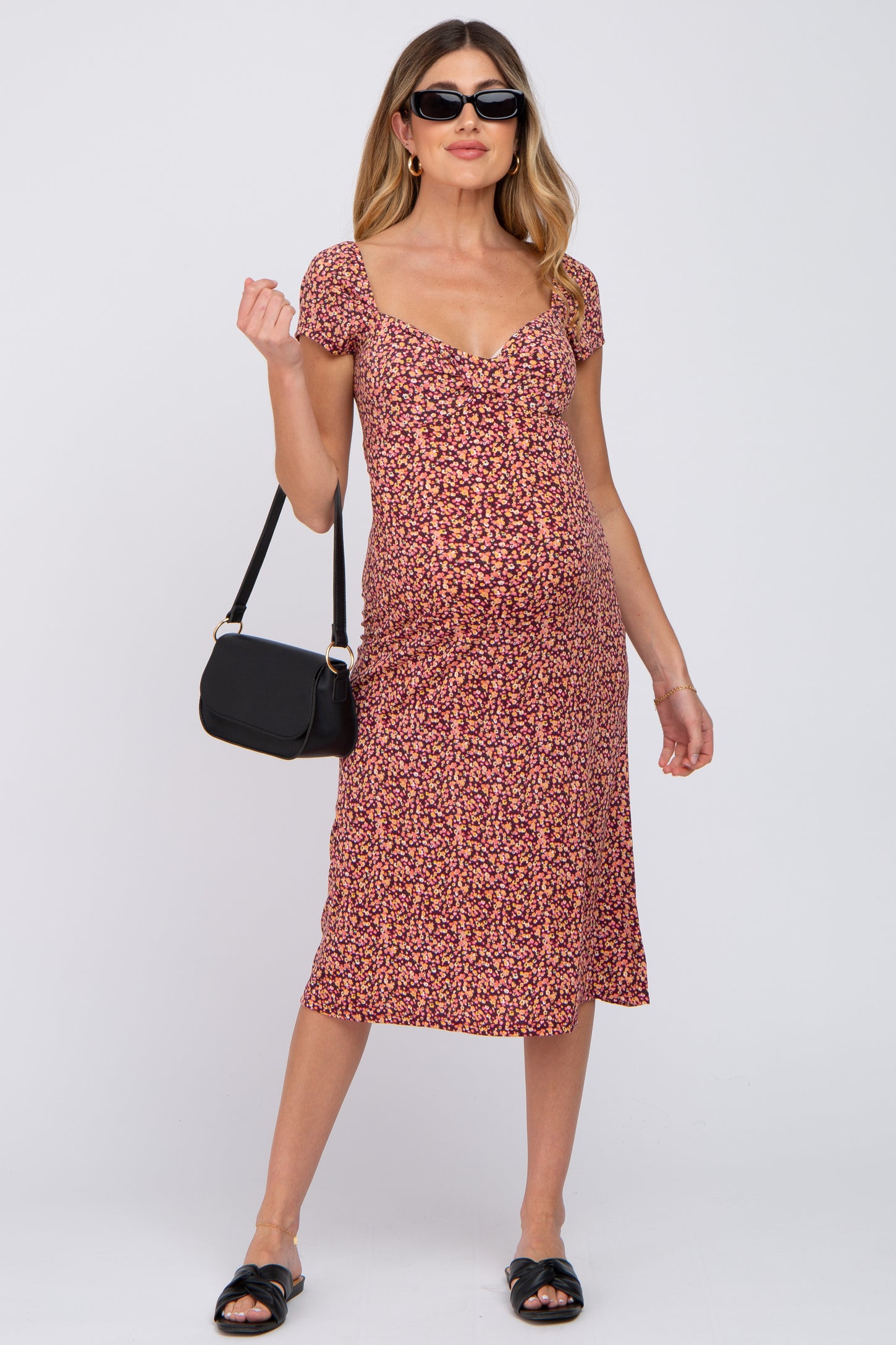Mauve Floral Sweetheart Maternity Midi Dress