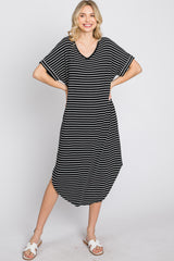 Black Striped Ribbed Curved Hem Midi Dress