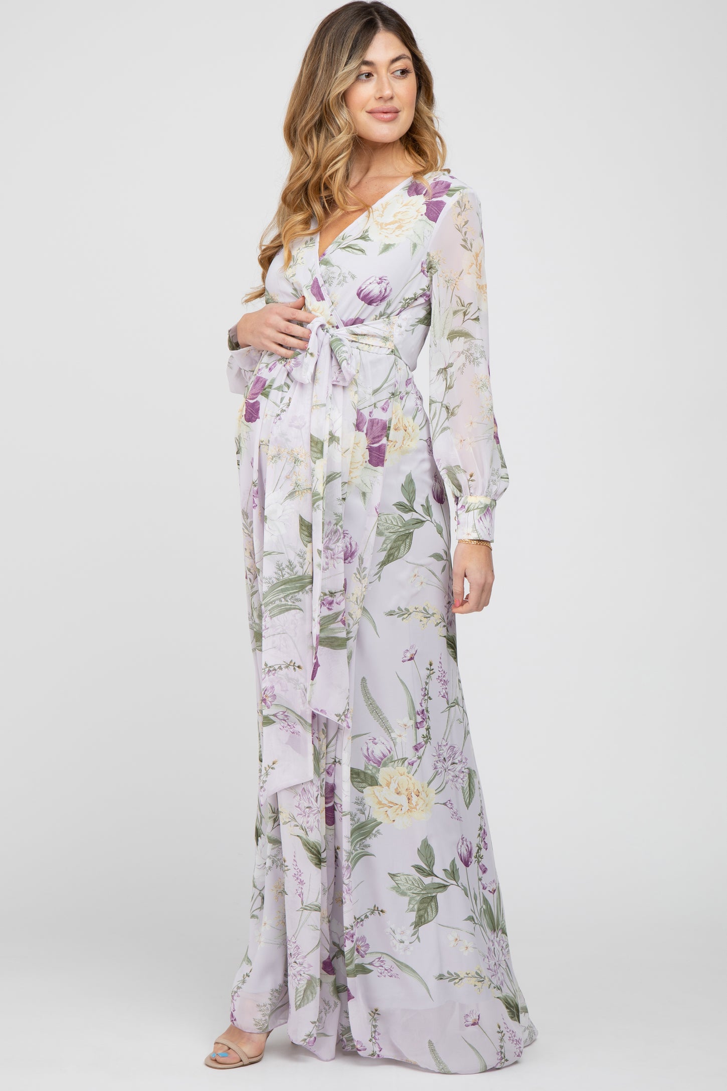 Lavender Floral Chiffon Long Sleeve Pleated Maternity Maxi Dress