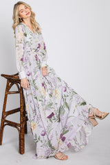 Lavender Floral Chiffon Long Sleeve Pleated Maternity Maxi Dress