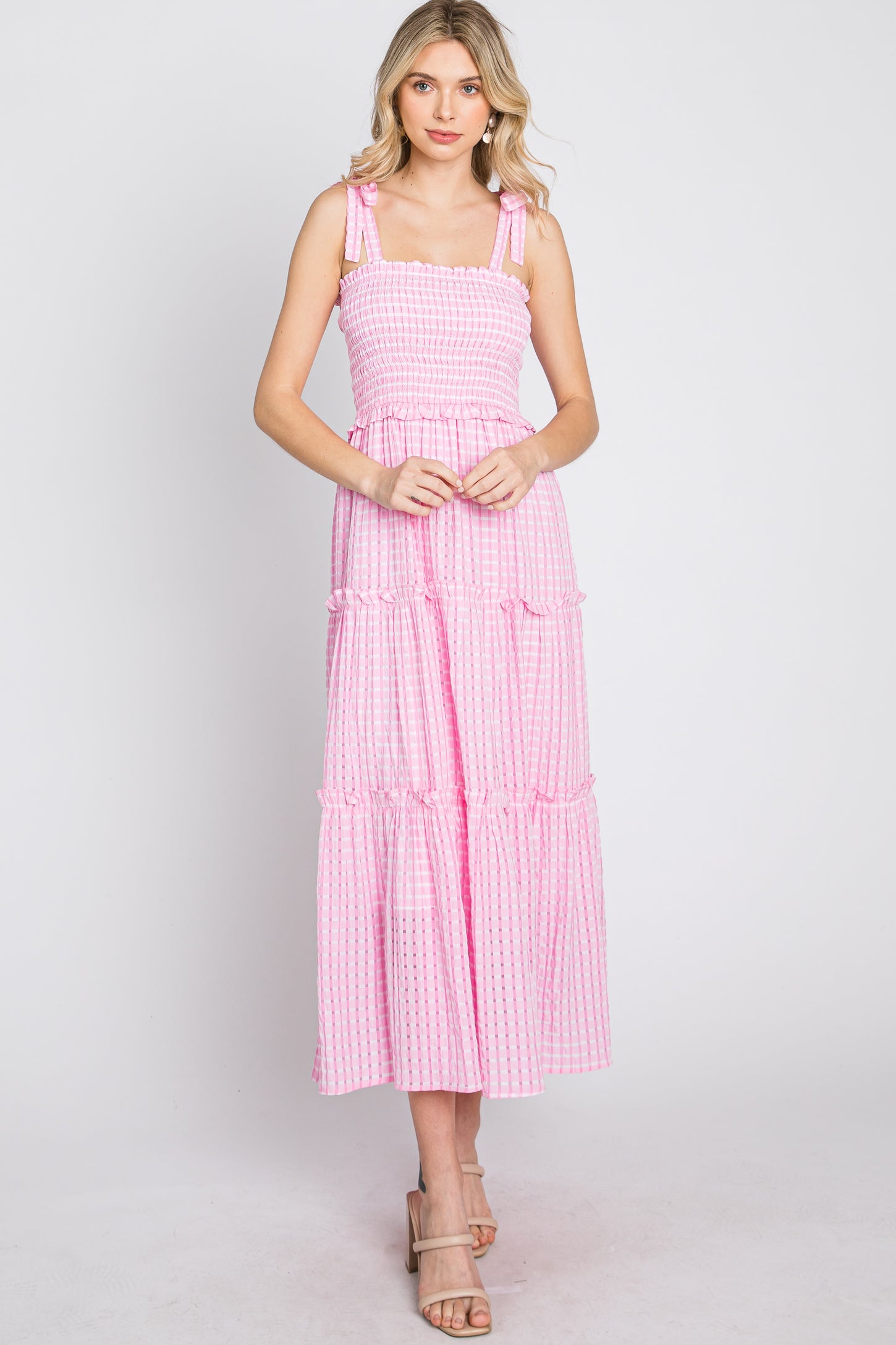 Pink Striped Smocked Shoulder Tie Midi Dress