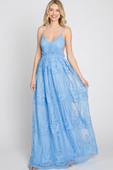 Blue Crochet Lace Open Back Maternity Maxi Dress