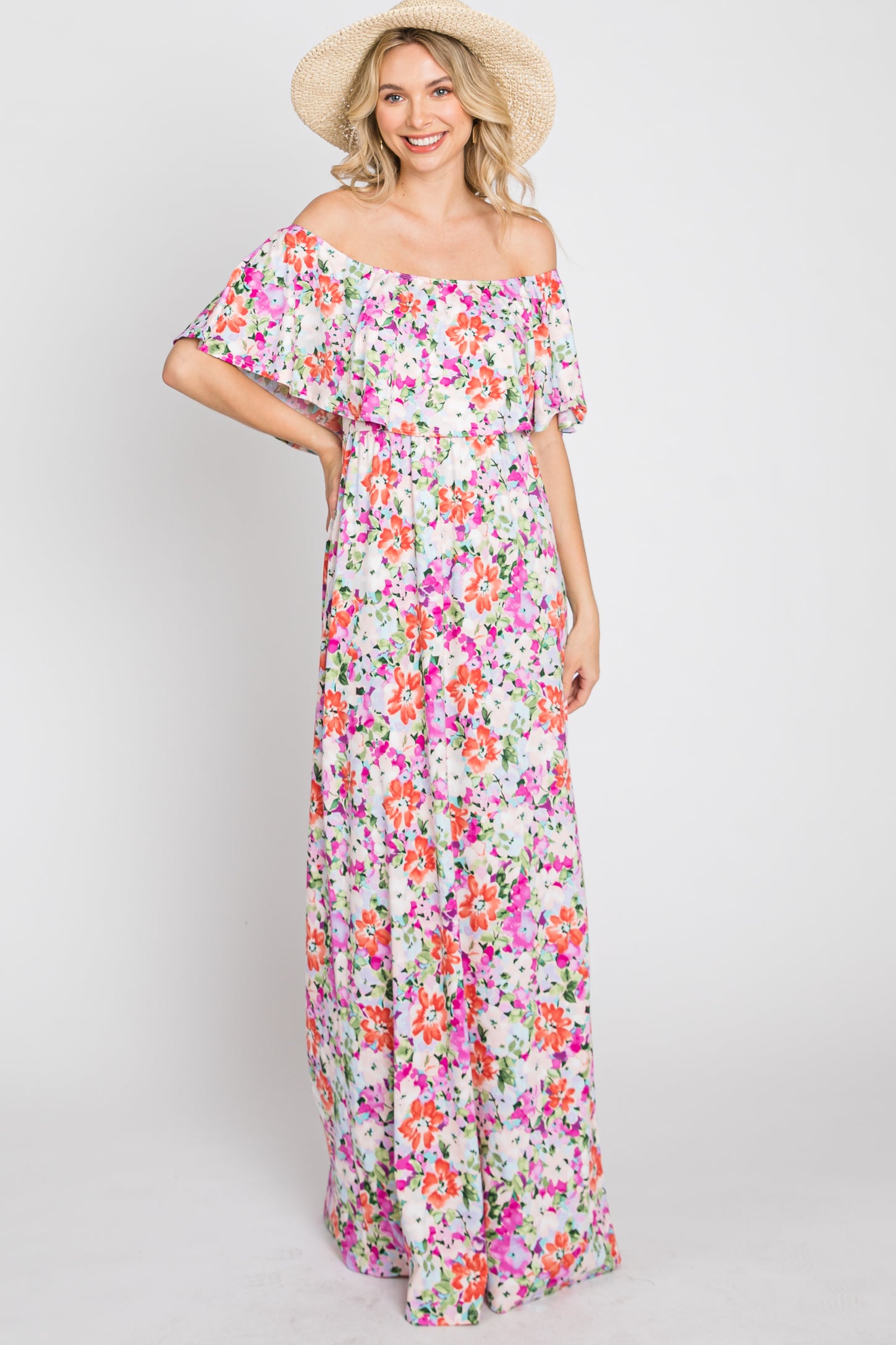 Fuchsia Floral Off Shoulder Maxi Dress