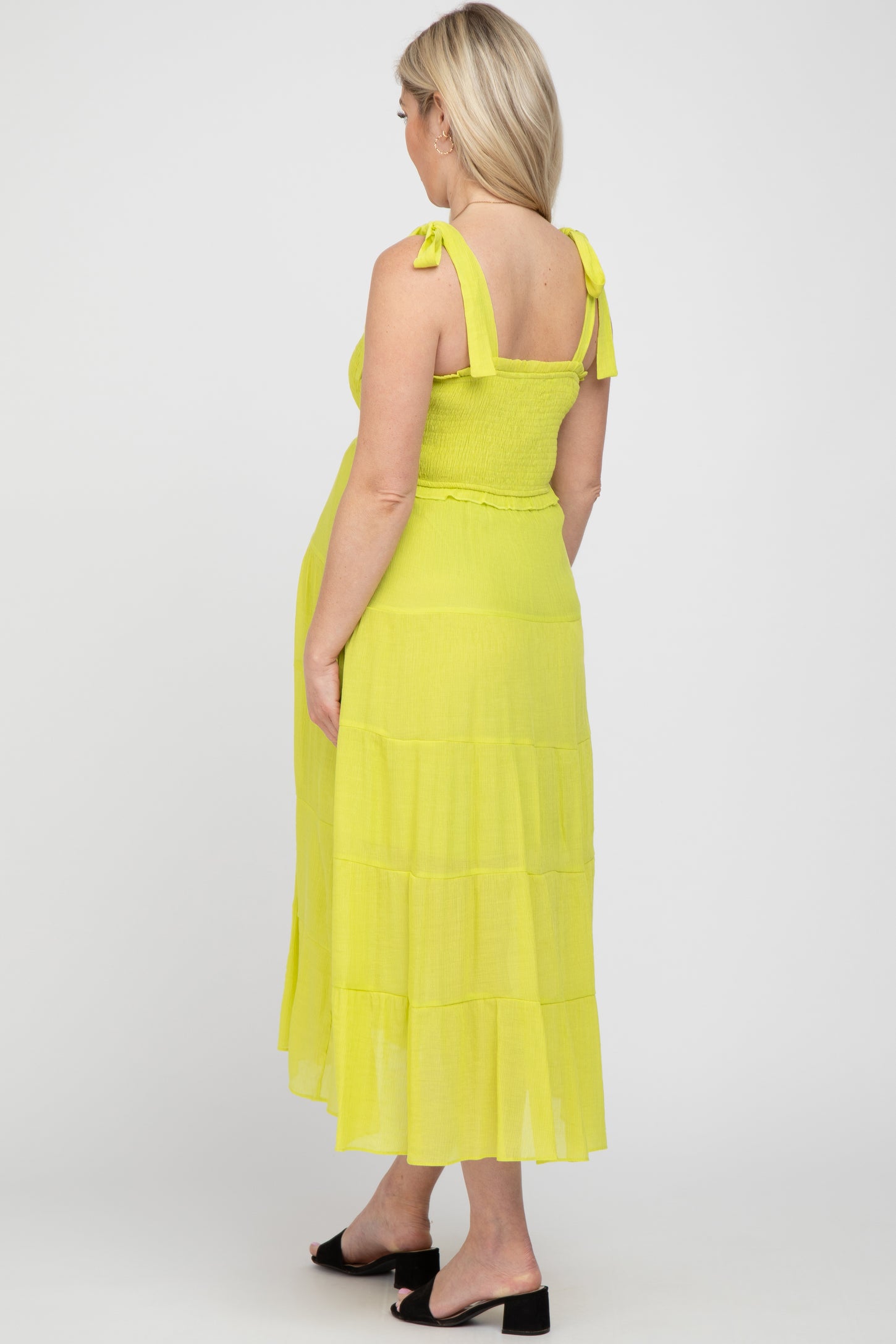 Neon Yellow Smocked Tie Strap Tiered Maternity Midi Dress