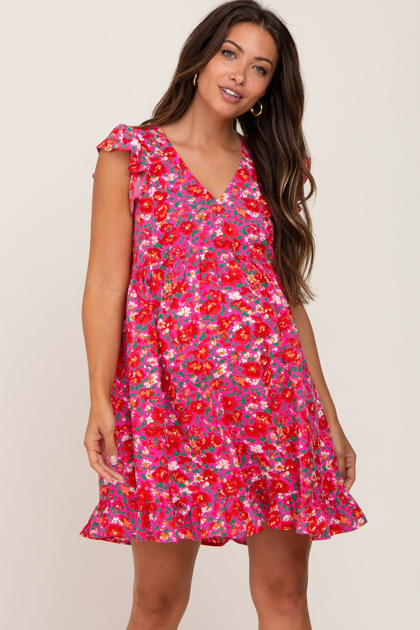 Fuchsia Floral Ruffle Accent Maternity Dress
