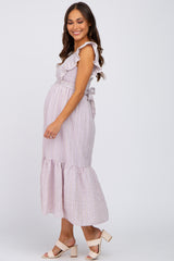 Lilac Striped Ruffle Accent Pinafore Maternity Midi Dress