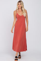 Rust V-Neck Criss Cross Back Side Slit Maternity Midi Dress
