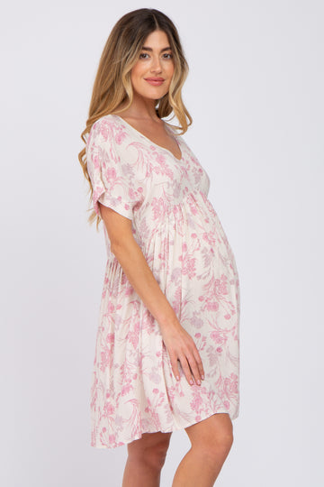Pink Floral V-Neck Maternity Dress