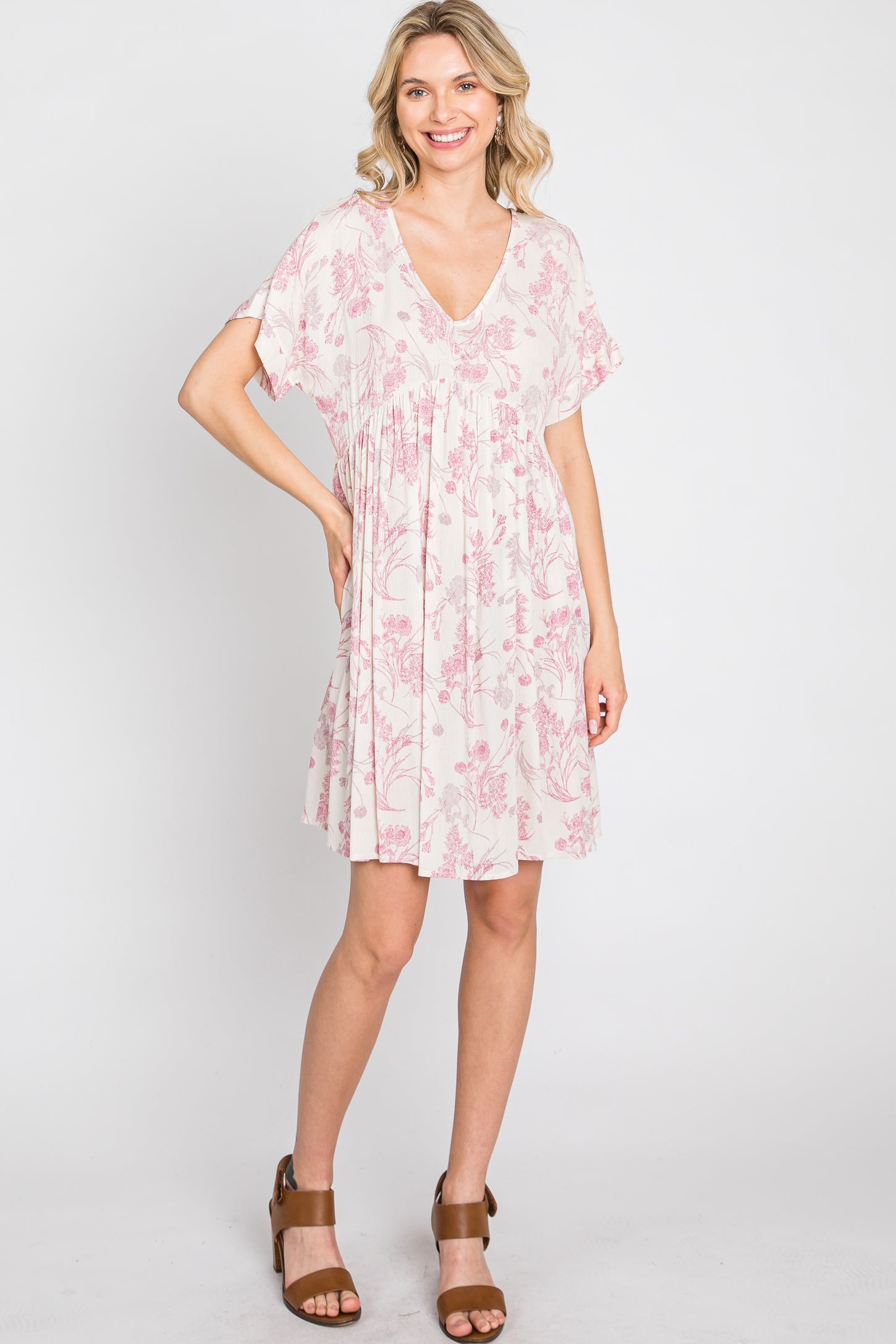 Pink Floral V-Neck Dress
