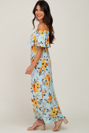 Light Blue Floral Off Shoulder Maxi Dress