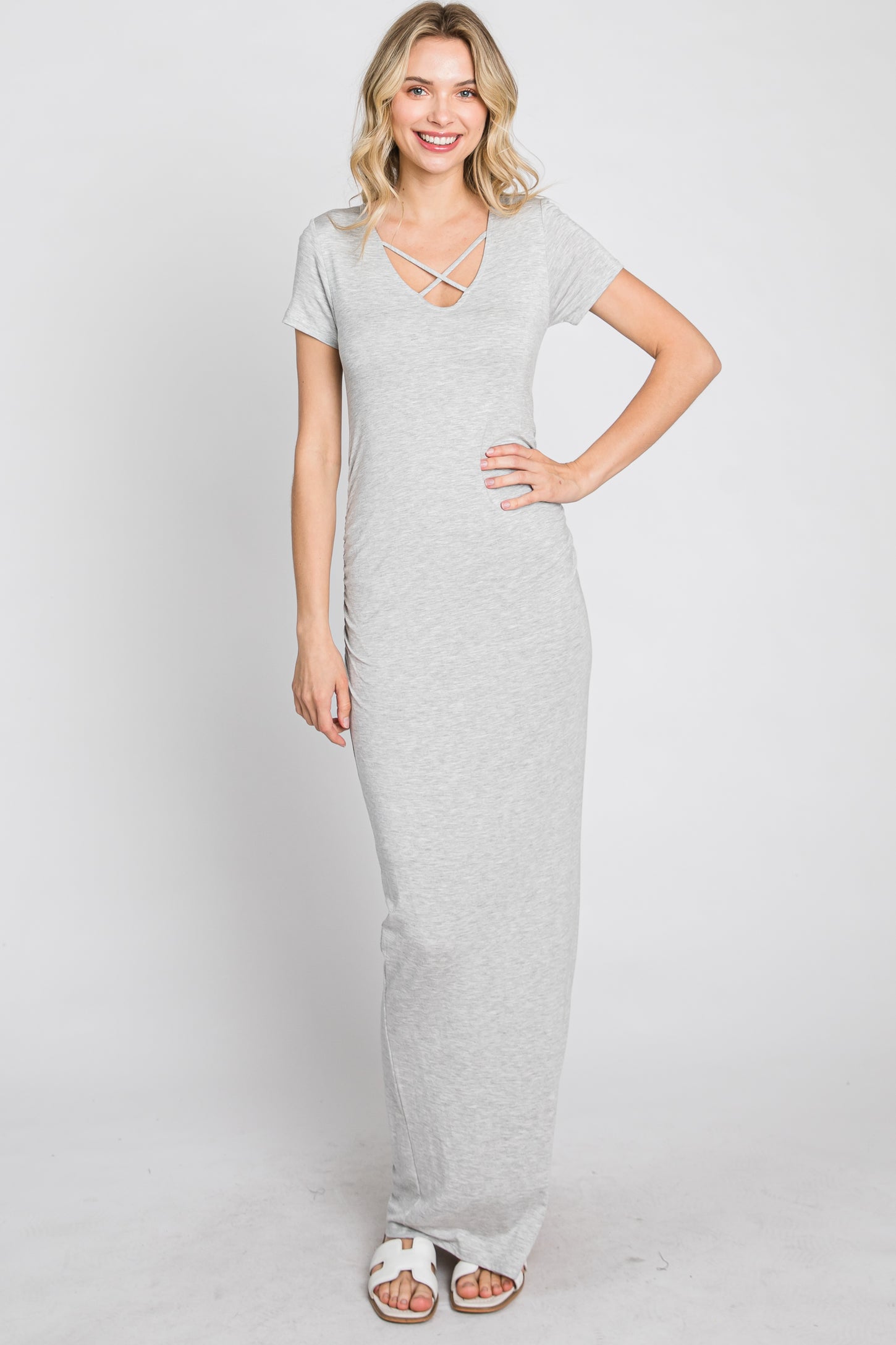 Heather Grey Cross Front Ruched Maxi Dress