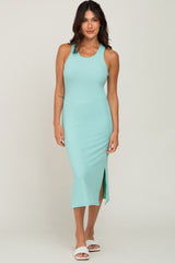 Mint Green Ribbed Side Slit Maternity Midi Dress