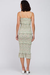 Sage Floral Smocked Fitted Midi Dress