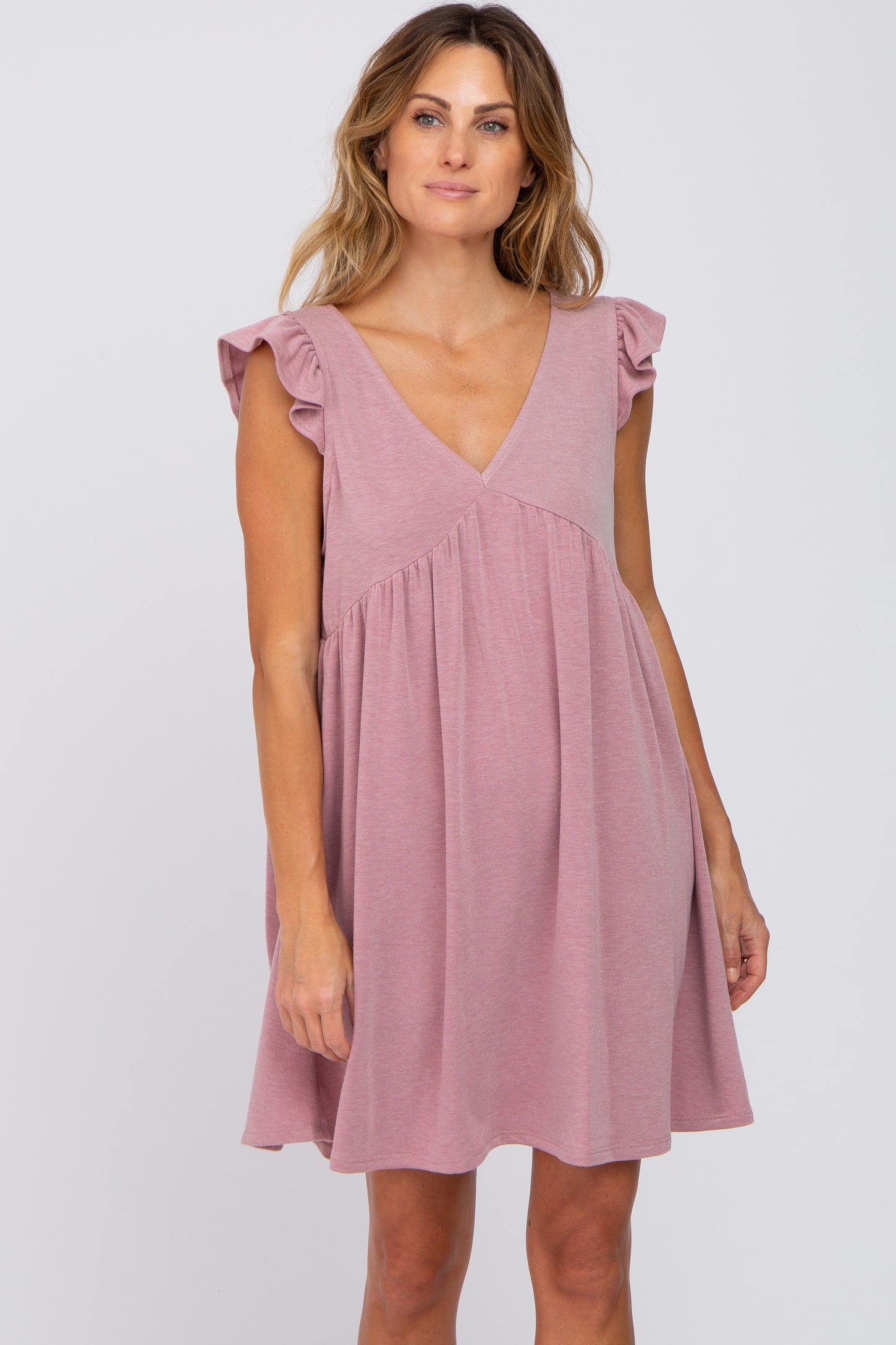 Mauve Heathered Flutter Sleeve Maternity Dress
