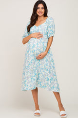 Mint Green Floral Cinched Bust Maternity Midi Dress