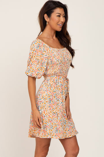 Cream Floral Smocked Waist Tie Dress