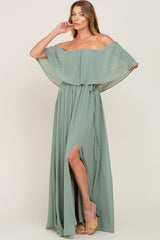 Light Olive Chiffon Off Shoulder Maternity Maxi Dress