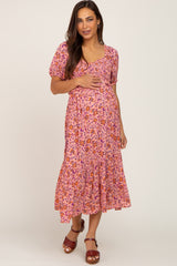 Pink Floral Smocked Maternity Midi Dress