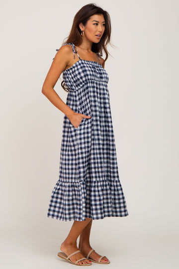 Navy Blue Gingham Square Neck Tie Strap Midi Dress