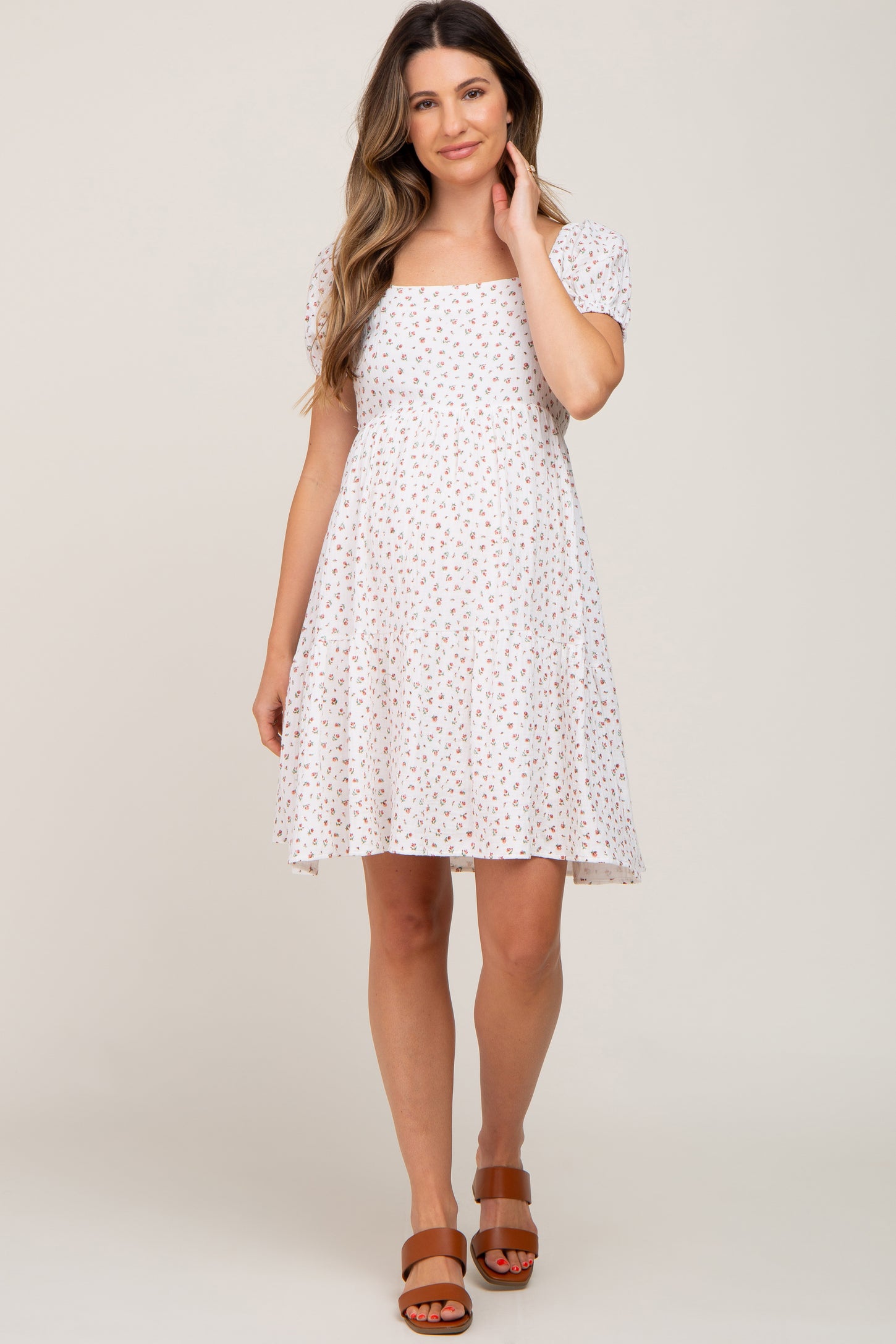 Ivory Floral Puff Sleeve Maternity Dress