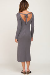 Grey Ribbed Side Slit Midi Sweater Dress