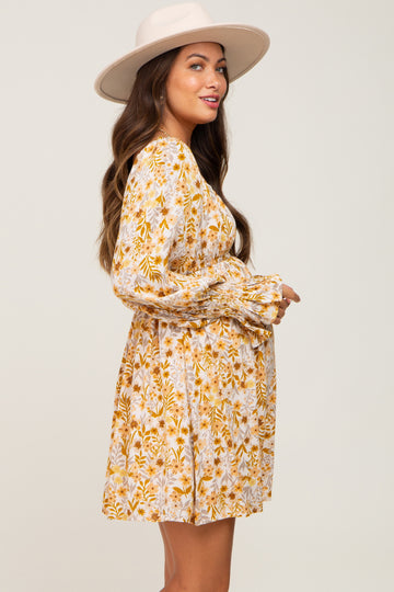 Gold Floral Button Front Long Sleeve Maternity Dress