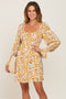 Gold Floral Button Front Long Sleeve Dress