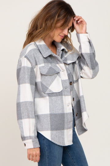 Grey Plaid Knit Shirt Jacket