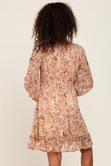 Taupe Paisley Print Long Sleeve Dress