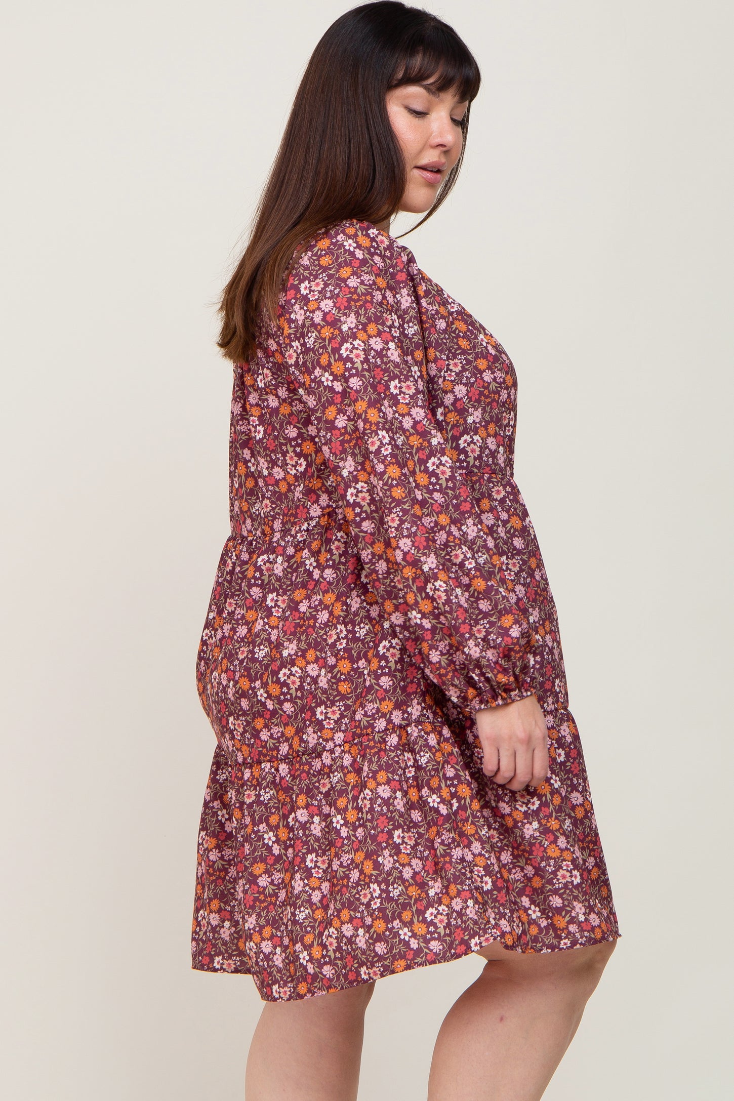 Burgundy Floral Long Sleeve Plus Dress