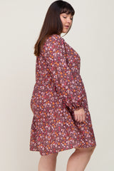 Burgundy Floral Long Sleeve Plus Dress