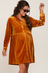 Dark Yellow Velvet Button Down Maternity Mini Dress