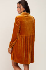 Dark Yellow Velvet Button Down Maternity Mini Dress