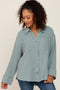 Green Button Down Collared Frayed Top