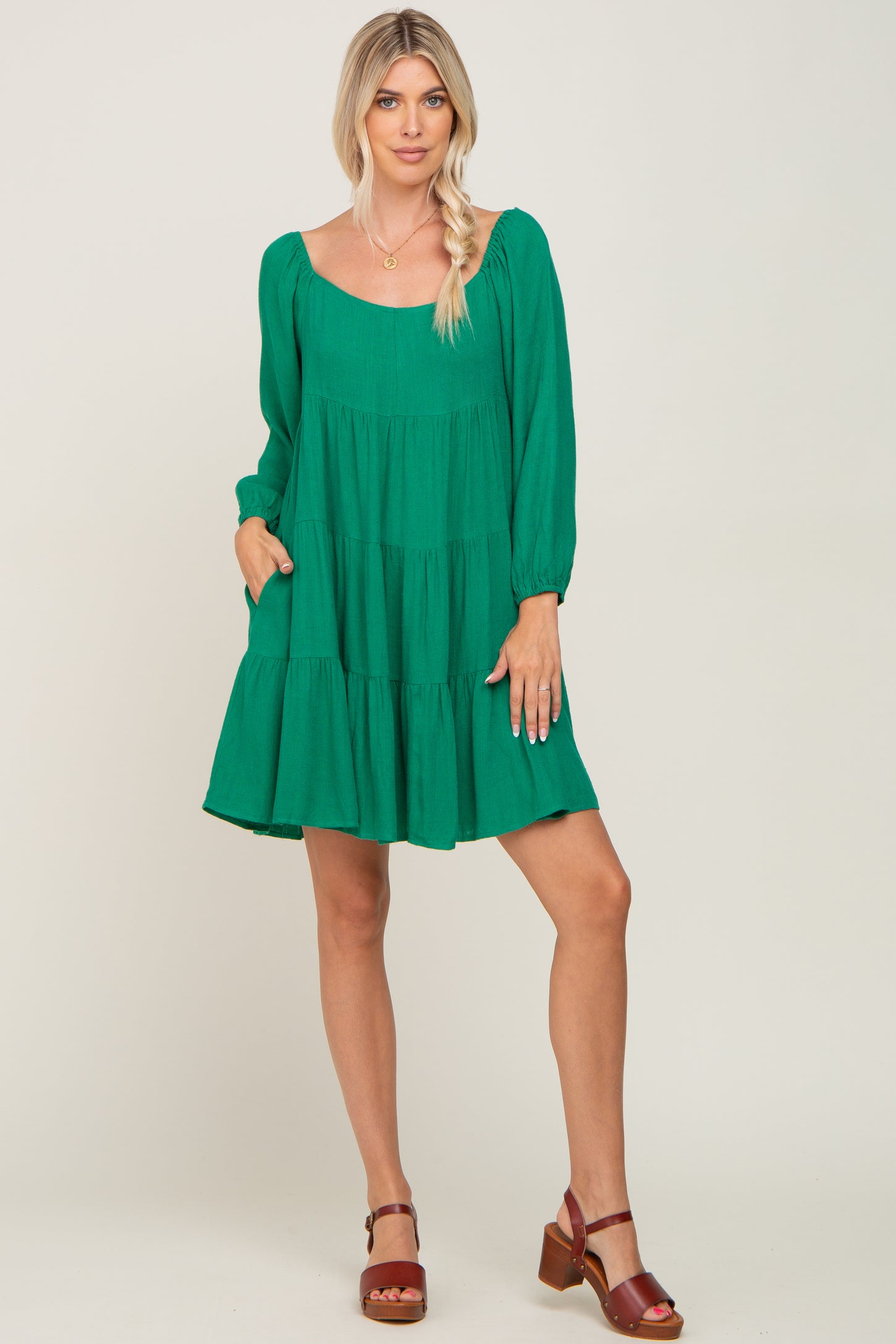 Green Tiered Long Sleeve Plus Dress