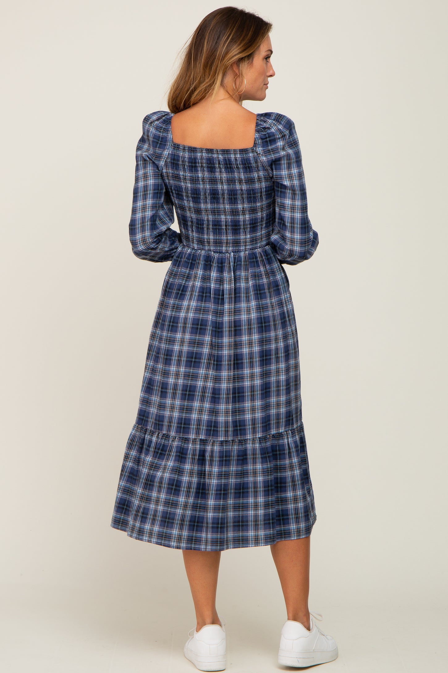 Navy Plaid Puff Sleeve Midi Dress