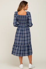 Navy Plaid Puff Sleeve Midi Dress