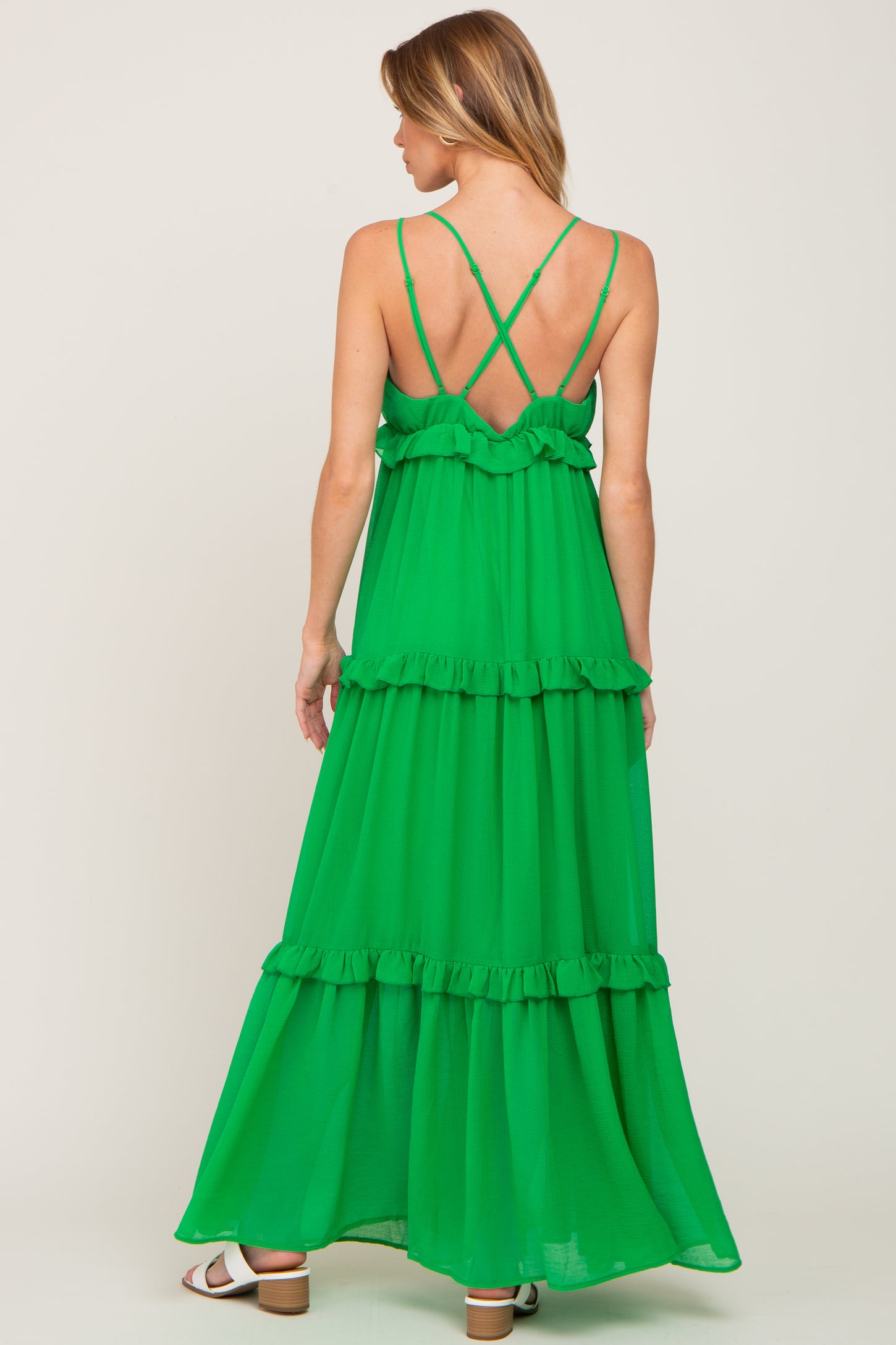 Green Ruffle Tier Cross Back Maxi Dress