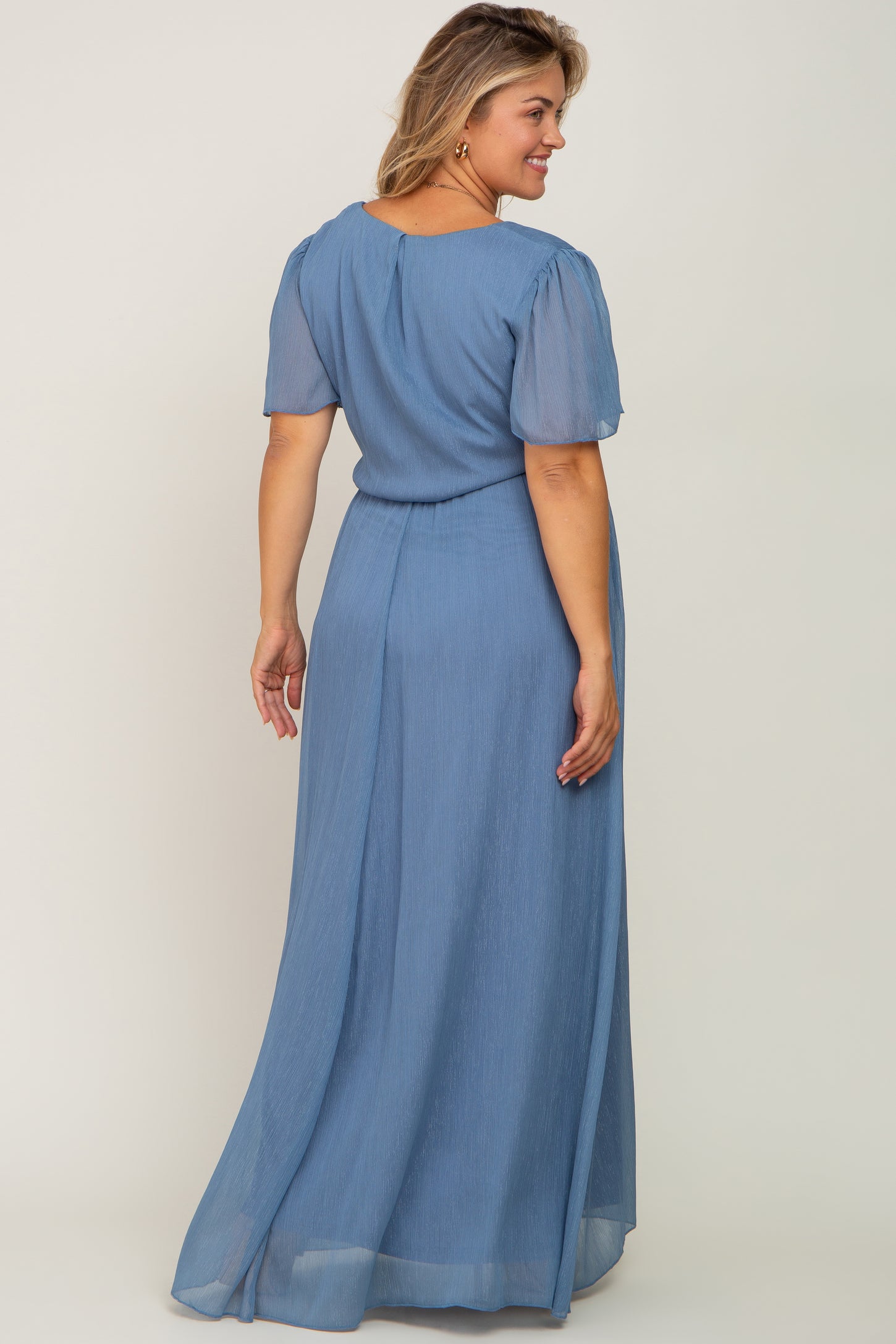 Blue Metallic Shimmer Chiffon Maternity Plus Maxi Dress