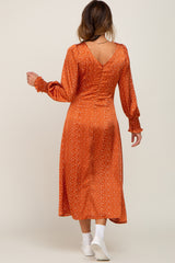 Rust Polka Dot V-Neck Satin Midi Dress