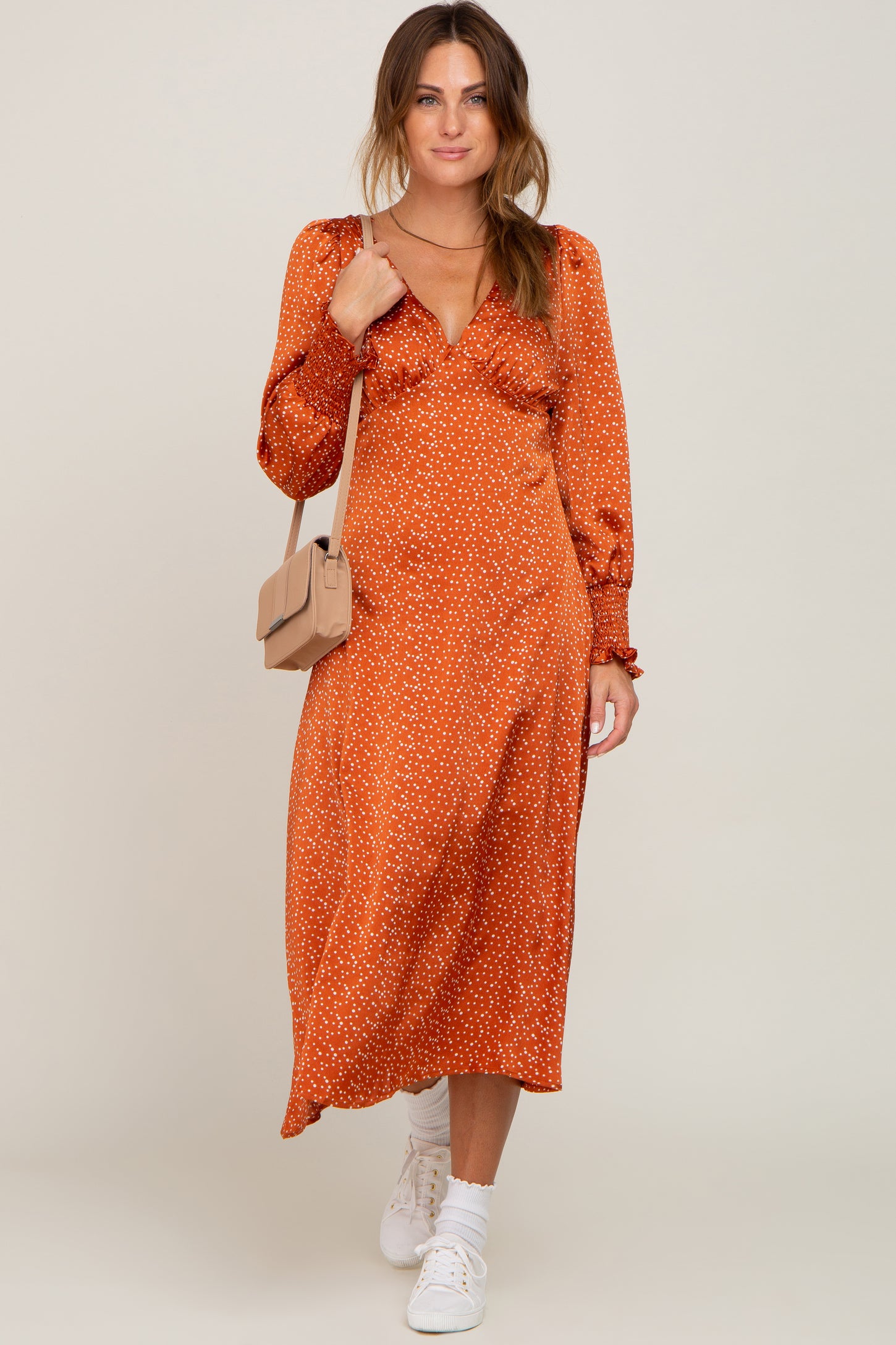 Rust Polka Dot V-Neck Satin Midi Dress